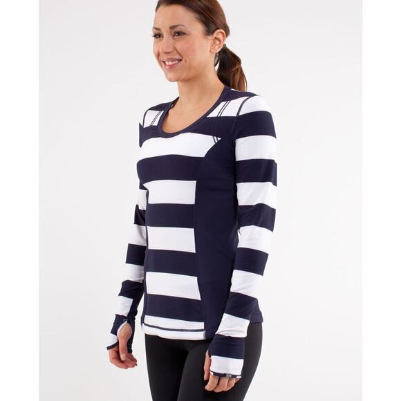 Lululemon Switch Back Long Sleeve Wide Bold Stripe White Deep Indigo Size 6 - Picture 14 of 14
